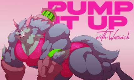 abs anthro biceps big_muscles blue_body blue_fur bulge canine_teeth clothed clothing fur green_liquid grin huge_muscles hyper hyper_muscles looking_at_viewer male muscular muscular_anthro muscular_male pecs pink_background pink_clothing pink_shirt pink_tank_top pink_text pink_thong pink_topwear pink_underwear pointy_ears red_eyes shirt simple_background smile solo tail tank_top teeth text thick_thighs thong topwear tube tuft underwear silver-stag league_of_legends riot_games tencent the_substance_(film) warwick_(lol) canid canine canis mammal wolf 2024 digital_media_(artwork) hi_res