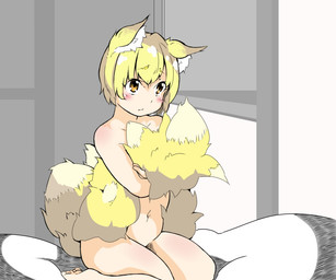 ambiguous_gender blonde_hair blush hair inner_ear_fluff looking_up multi_tail navel nude sitting solo tail tail_hug tuft koma_kitsune_(kururito) animal_humanoid canid canid_humanoid canine canine_humanoid fox_humanoid humanoid mammal mammal_humanoid 2015 6:5