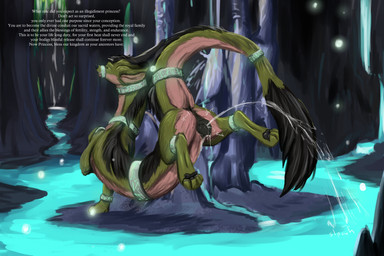 animal_genitalia animal_vulva anus bodily_fluids canine_genitalia canine_vulva collar cuffs_(object) dialogue ejaculation female female_feral female_orgasm feral fur genital_fluids genitals green_body green_fur horn mane pawpads snout solo tail text vaginal_fluids vaginal_squirting vulva hyruzon mythology dragon furred_dragon furred_scalie mythological_creature mythological_scalie scalie english_text hi_res