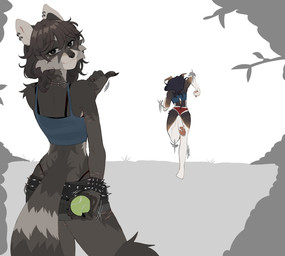 5_fingers anthro ball barefoot biped black_hair bottomwear breasts butt claws clothed clothed_anthro clothed_female clothing duo ear_piercing feet female finger_claws fingers fully_clothed fully_clothed_anthro fully_clothed_female fur grey_body grey_fur grey_hair grey_tail hair holding_ball holding_object jewelry necklace piercing pretending_to_throw_the_ball ring running smile tail toes topwear tricked raccoattack racc_(raccoattack) beagle canid canine canis domestic_dog hunting_dog mammal procyonid raccoon scent_hound 2025 digital_drawing_(artwork) digital_media_(artwork) hi_res