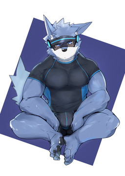 anthro biped black_boxers black_clothing black_shirt black_topwear black_underwear blue_body blue_eyes blue_fur boxers_(clothing) clothing eyewear eyewear_on_head fur goggles goggles_on_head male muscular muscular_anthro muscular_male shirt solo topwear underwear white_body white_fur asleepchef canid canine canis mammal wolf 2022 hi_res