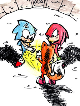 anthro blue_body clothing footwear fur gem gloves group handwear male master_emerald tail trio toongrowner classic_sonic_(universe) sega sonic_the_hedgehog_(series) knuckles_the_echidna miles_prower sonic_the_hedgehog canid canine echidna eulipotyphlan fox hedgehog mammal monotreme absurd_res hi_res painting_(artwork) watercolor_(artwork)