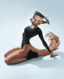 anthro brown_eyes cheek_tuft clothed clothing eyelashes facial_tuft female fur inner_ear_fluff kneeling mouth_closed narrowed_eyes orange_body orange_fur orange_tail side_view simple_background solo tail tuft white_inner_ear_fluff marie_merkh canid canine mammal hi_res