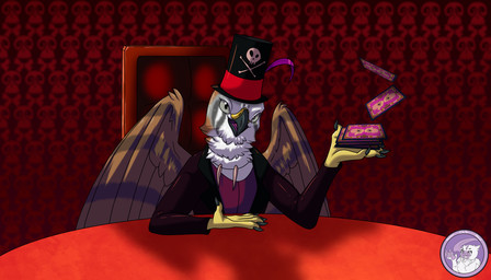 anthro card card_trick claws clothing cosplay eye_contact finger_claws hat headgear headwear jewelry looking_at_another looking_at_viewer magic_user male markings necklace sitting solo tarot tarot_card top_hat wings hyperchibiabsol disney the_princess_and_the_frog dr._facilier volcav accipitrid accipitriform avian bird buteo chickenhawk red-tailed_hawk 7:4 absurd_res digital_media_(artwork) hi_res shaded