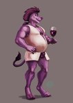 4_toes 5_fingers alcohol anthro balls_outline belly belly_overhang beverage biped bulge container cup detailed_bulge digitigrade drinking_glass feet fingers genital_outline glass glass_container glass_cup hair hindpaw male male_anthro nebuchadnezzar overweight overweight_anthro overweight_male paws purple_body purple_eyes solo tied_hair toes wine wine_glass weirdmarks felid lion mammal pantherine hi_res