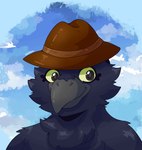 anthro clothing hat headgear headwear male smile solo yellow_eyes docdraw_(artist) raventhehornycrow avian bird corvid corvus_(genus) crow oscine passerine absurd_res hi_res