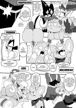 6_panel_comic ambiguous_gender answer anthro big_butt biped black_tail black_text blood bodily_fluids butt closed_smile dialogue ellipsis eyes_closed eyewear female feral goggles group heart_eyes heart_symbol kerchief looking_at_another looking_back lying mask motion_lines mouth_closed neck_tuft nosebleed open_mouth open_smile pupils quadruped question question_mark questions_and_answers sharp_teeth smile speech_bubble tail talking_to_another teeth text text_box tongue tuft white_pupils white_sclera heavenlyproductions nintendo pokemon dewott froakie generation_2_pokemon generation_4_pokemon generation_5_pokemon generation_6_pokemon generation_8_pokemon generation_9_pokemon hisuian_form hisuian_zorua meowscarada pawmi pichu pokemon_(species) quaquaval regional_form_(pokemon) shinx zorua 2026 absurd_res comic english_text hi_res monochrome