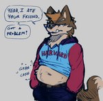 after_vore ambiguous_gender ambiguous_prey anthro belly big_belly biped bodily_noises bottomwear casual_vore clothed clothing death denim denim_bottomwear denim_clothing dialogue digestion digestion_noises fangs fatal_vore fur hair half-closed_eyes hoodie implied_snuff jeans looking_at_viewer male male_pred midriff narrowed_eyes pants rumbling_stomach shortened_sound_effect simple_background slightly_chubby solo sound_effect_variant sound_effects teeth text topwear underbite vore vowelless vowelless_sound_effect stalvelle mythology canid canine canis mammal mythological_canine mythological_creature werecanid werecanine werecreature werewolf wolf digital_media_(artwork) english_text