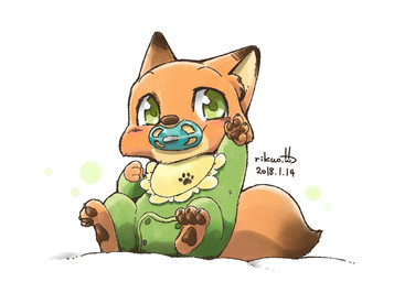 age_regression ambiguous_gender anthro clothing dipstick_ears dipstick_tail ear_markings fur green_eyes markings multicolored_ears multicolored_tail neonate orange_body orange_fur pacifier pawpads simple_background solo tail tail_markings young young_anthro rikuo_(artist) disney zootopia nick_wilde canid canine fox mammal red_fox true_fox 2018 signature