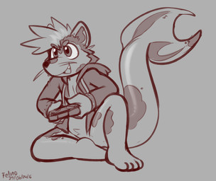 4_toes anthro bottomless clothed clothing featureless_crotch feet fin fur gaming hair hoodie long_tail looking_up male markings open_clothing open_hoodie open_topwear playing_video_game scales smile smirk solo tail tail_fin thick_tail toes topwear whiskers felino nibyte_(neopatamonx) amur_carp aquatic carp cyprinid cypriniform fish hybrid koi mammal murid murine rat rodent typical_carp 2026 restricted_palette sketch
