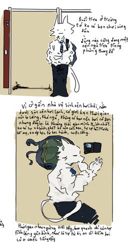 anthro backpack electronics fitting_room male necktie phone sleeping sleeping_on_floor text vent_art toastedeh toast_(toastedeh) domestic_cat felid feline felis mammal vietnamese_text