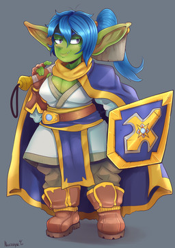 belt blue_hair boots breasts cape cleavage cloak clothed clothing female fingerless_gloves footwear gloves green_body green_skin grey_background hair handwear melee_weapon not_furry ponytail purple_eyes sharp_teeth shield shoes simple_background solo standing teeth weapon nerdbayne frazzle_filherbottom goblin humanoid 2020 absurd_res digital_media_(artwork) hi_res shaded signature