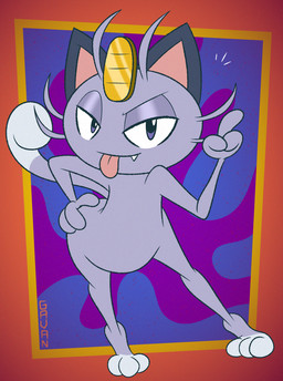 abstract_background anthro casual_nudity coin dipstick_tail fangs fur grey_body grey_fur half-closed_eyes hand_on_hip male markings narrowed_eyes smug solo tail tail_markings teeth tiptoes tongue tongue_out toony whiskers gavanzude nintendo pokemon alolan_form alolan_meowth domestic_cat felid feline felis generation_7_pokemon mammal pokemon_(species) regional_form_(pokemon) alternate_version_at_paywall digital_drawing_(artwork) digital_media_(artwork) hi_res signature