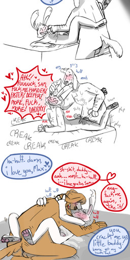 anthro arm_hair backsack balls bed bite bodily_fluids body_hair condom cum cum_on_belly cum_on_body daddy_kink dialogue digit_ring duo ear_pull feet furniture genital_fluids genitals heart_symbol jewelry male male/male married_couple ring sexual_barrier_device spank_marks speech_bubble text wedding_ring cowboycasanova sam_and_max max_(sam_and_max) samuel_dog canid canine canis domestic_dog lagomorph leporid mammal rabbit absurd_res colored_sketch comic english_text hi_res sketch sketch_page