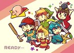 arm_cannon armor baseball_bat bat_(object) blonde_hair blush bodily_fluids bottomwear clothing footwear group hair hat headgear headwear holding_baseball_bat holding_melee_weapon holding_object holding_sword holding_weapon machine male master_sword melee_weapon plant shield shirt shoes shorts simple_background sweat sweatdrop sword t-shirt text topwear tunic weapon teijiro animal_crossing capcom earthbound_(series) kirby_(series) mario_bros mega_man_(series) nintendo pikmin pikmin_(series) super_smash_bros. the_legend_of_zelda wind_waker kirby lucas_(earthbound) mega_man_(character) ness toon_link villager_(animal_crossing) alien bob-omb elemental_creature flora_fauna human humanoid mammal pikmin_(species) reptile robot robot_humanoid scalie snake waddling_head yellow_pikmin crossover english_text