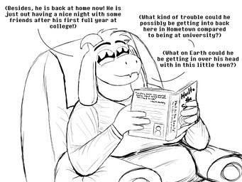 anthro armchair chair eyes_closed female furniture on_chair overweight overweight_anthro overweight_female reading sitting sitting_on_chair smile solo text thinking komododad deltarune undertale_(series) chairiel toriel boss_monster_(undertale) bovid caprine goat mammal 2026 4:3 black_and_white comic english_text hi_res monochrome