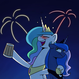 blue_body blue_eyes blue_fur blue_hair crown drunk duo feathered_wings feathers female feral fireworks fur hair headgear horn jewelry multicolored_hair necklace substance_intoxication white_body white_feathers white_fur wings anticularpony friendship_is_magic hasbro my_little_pony mythology princess_celestia_(mlp) princess_luna_(mlp) equid equine mammal mythological_creature mythological_equine unicorn winged_unicorn 1:1 2017 hi_res