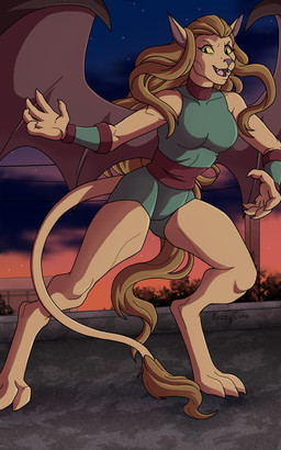 anthro breasts brown_hair clothed clothing fangs female fur hair solo tan_body tan_fur teeth text wings fuzzycoma disney gargoyles maggie_reed_(gargoyles) felid lion mammal mutate_(gargoyles) pantherine 2026 5:8 artist_name digital_media_(artwork) hi_res