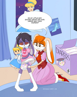 bite biting_lip bottomwear box brown_eyes clothing container curtains diaper diaper_box dress duo female footwear fur hair high_heels hypnotic_eyes kerchief long_socks male male/female neckerchief neckwear orange_body orange_fur orange_hair purple_body purple_fur rug shoes skirt tan_body tan_fur topwear vest merunyaa sega sonic_the_hedgehog_(series) cinderella_(disney) cream_the_rabbit lagomorph leporid mammal rabbit hi_res