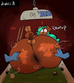 anthro anus big_butt billiard_table butt butt_focus dialogue disembodied_head duo forced furniture genitals hair hairy huge_butt intersex legs_up long_hair penis solo_focus table text malafox mala_(malafox) canid canine canis domestic_dog mammal english_text hi_res