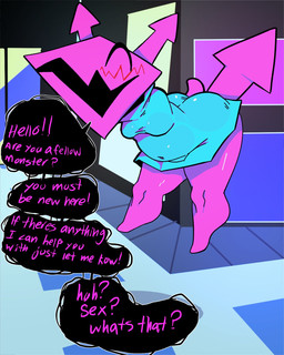 2_horns anthro armless asking_what bent_over big_butt black_speech_bubble blue_clothing blush breasts butt clothing dialogue exclamation_point eyes_closed featureless_feet feet female female_anthro glistening glistening_butt glistening_thighs horn linked_speech_bubble medium_breasts navel_outline open_mouth open_smile pink_body pink_horn pink_tail pink_text question_mark red_blush short_tail smile solo speech_bubble tail text thick_thighs wide_hipped_anthro wide_hipped_female wide_hips meweeze deltarune undertale_(series) computer_virus_(species) darkner digital_creature virovirokun 2025 4:5 digital_media_(artwork) english_text hi_res