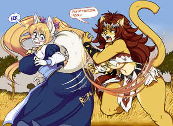 5_fingers anthro big_breasts black_nose blonde_hair bottomwear breasts brown_hair butt clothing dress duo eyewear fangs female fingers fur glasses hair humanoid_hands loincloth navel nipple_outline pink_nose tail tan_body tan_fur teeth thick_thighs tongue torn_clothing torn_dress wearing_glasses white_body white_fur pb_doodles fiorah lilliana_belfry canid canine canis domestic_dog felid husky lion mammal nordic_sled_dog pantherine spitz hi_res story story_in_description