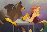 angry anthro arm_wrestling breasts cleavage clothed clothing duo female male male/female medium_breasts muscular smile sunny_way friendship_is_magic hasbro my_little_pony mythology avian equid equine gryphon horse mammal mythological_avian mythological_creature pony 2021 digital_drawing_(artwork) digital_media_(artwork)