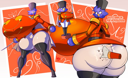 anthro beak big_breasts big_butt black_clothing black_legwear breasts butt cape clothing disembodied_hand female huge_breasts huge_butt hyper hyper_breasts hyper_butt legwear nutcracker open_beak open_mouth orange_clothing orange_eyes solo text white_clothing jaeh busty_bird avian bird corvid corvus_(genus) crow oscine passerine 2025 english_text hi_res