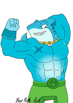 abs anthro barazoku black_eyes blue_body bracelet clothing collar green_clothing jewelry male muscular muscular_anthro muscular_male pecs shark_teeth simple_background solo white_background begyoshiart heroes_of_goo_jit_zu thrash_(heroes_of_goo_jit_zu) aquatic fish shark hi_res
