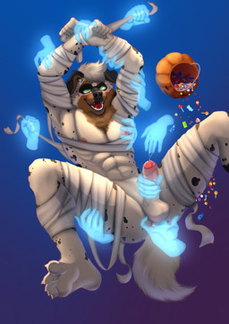 anal anal_fingering anthro anus athletic athletic_anthro athletic_male balls bodily_fluids candy candy_bucket clothing costume dessert disembodied_hand erection feet fingering fingers food foreskin fur genital_fluids genitals hair halloween_costume handjob holidays humanoid_genitalia humanoid_penis male mummy_costume mummy_wrappings nipples open_mouth partially_retracted_foreskin pecs penile penis precum precum_string sex simple_background smile spread_legs spreading teeth toes nekochan002 halloween canid canine canis domestic_dog mammal digital_media_(artwork) hi_res