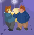 anthro biped blush bottomwear clothing duo hand_holding hoodie male male/male outside overweight overweight_male pants sweater topwear walking fatyogi franook domestic_cat felid feline felis mammal suid suina sus_(pig) wild_boar 2010