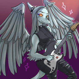 amber_eyes anthro black_bottomwear black_clothing black_jeans black_pants bottomwear clothed clothed_anthro clothing crop_top denim denim_bottomwear denim_clothing elbow_feathers electric_guitar eyelashes eyeliner feathered_wings feathers fingers grey_body grey_hair grey_scales guitar guitar_pick hair halter_top jeans jewelry long_hair looking_at_viewer makeup midriff musical_instrument necklace pants plucked_string_instrument scales shirt short_tail simple_background smile snout solo string_instrument tail topwear torn_bottomwear torn_clothing torn_jeans torn_pants wings raventooblue goodbye_volcano_high ko_op_(game_developer) fang_(gvh) prehistoric_species pterosaur reptile scalie 1:1 2023 absurd_res digital_drawing_(artwork) digital_media_(artwork) hi_res nonbinary_(lore)