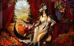 5_fingers anthro apple breasts claws ear_piercing female fingers flower food fruit grape jewelry mostly_nude mostly_nude_female piercing plant sitting solo wide_hips zenvist sergal 16:10 absurd_res hi_res widescreen