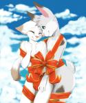 anthro bulge cloud duo eyes_closed male male/male ribbons smile standing babbuful felid lagomorph leporid mammal rabbit hi_res