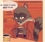 2020 anthro beastars blush clothed clothing comic container cup dialogue ear_piercing ear_ring eden_fries english_text female fur hi_res holding_container holding_cup holding_object hoodie mammal piercing procyonid raccoon ring_piercing solo speech_bubble text topwear