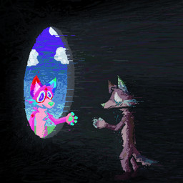 ambiguous_gender anthro blue_sky clone cloud contrast duo fur grass hole_(pit) pink_body pink_fur plant sky sparklefur demensa canid canine canis domestic_dog mammal 1:1 2024 digital_media_(artwork) hi_res pixel_(artwork)