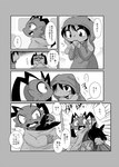 absurd_res antennae_(anatomy) anthro blush clothed clothing comic cuddling dialogue doneru duo eating eating_food fangs floppy_ears greyscale hair hi_res hood hug japanese_text levor looking_at_another lop_ears monochrome robe rumi_(doneru) scalie surprised_expression teeth text translated young young_anthro