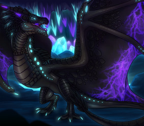 ambiguous_feral ambiguous_gender black_body black_horn black_scales black_wings blue_claws blue_eyes cave claws empty_eyes fangs feral horn inside membrane_(anatomy) membranous_wings open_mouth purple_horn purple_wings scales solo teeth wing_claws wings killthe_demon mythology dragon mythological_creature mythological_scalie scalie hi_res
