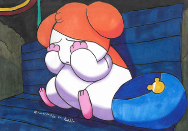 anthro backpack bench face_in_hands fur fur_markings male markings on_bench orange_body orange_fur outside plant pole round_ears sad shrub sitting sitting_on_bench solo whiskers white_body white_fur lunarpanda8686 hamtaro_(series) hamtaro cricetid hamster mammal rodent hi_res marker_(artwork) traditional_media_(artwork)