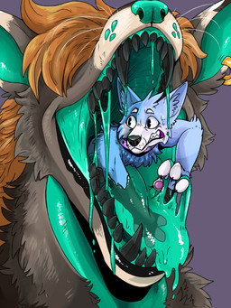anthro arm_tuft black_body black_claws black_ears black_fur black_lips black_nose black_teeth blue_body blue_ears blue_fur blue_inner_ear blue_inner_ear_fluff blue_nose blue_tongue bodily_fluids cheek_tuft chest_tuft claws collar duo ear_piercing ear_ring elbow_tuft facial_tuft forced front_view fur glistening glistening_lips glistening_tongue green_insides green_tongue grey_body grey_ears grey_fur hair hair_over_eyes head_tuft in_mouth inner_ear_fluff larger_pred lips male mouth_shot neck_tuft obscured_eyes open_mouth oral_vore orange_hair partially_inside pawpads piercing pink_collar pink_pawpads purple_background ring_piercing saliva saliva_string simple_background size_difference sweat teeth tongue tuft unsigned unwilling_prey vore whiskers white_body white_ears white_fur worried swampjaws goo_creature 3:4 absurd_res hi_res