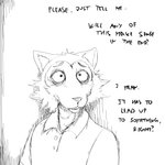 1:1 anthro beastars black_and_white breaking_the_fourth_wall canid canine canis clothing comic dialogue english_text hi_res hladilnik legoshi_(beastars) male mammal monochrome polo_shirt shirt solo text topwear wolf worried