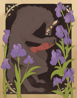 animal_genitalia animal_penis anthro art_nouveau big_penis bodily_fluids border brown_body brown_fur canine_genitalia canine_penis detailed_background digitigrade flower fur genital_fluids genitals horizontal_pupils illuminated_manuscript knot knotted_penis male penis plant precum pupils red_penis slim solo spine teeth vein yellow_border yellow_eyes fructosed mythology canid canine canis mammal mythological_canine mythological_creature werecanid werecanine werecreature werewolf wolf absurd_res hi_res