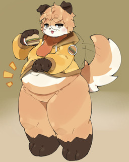 3_toes 4_fingers :3 anthro bar_emanata barefoot belly big_belly biped black_nose blep blush blush_lines bottomless bottomless_anthro bottomless_male brown_body brown_ears brown_fur brown_hair burger clothed clothed_anthro clothed_male clothing clothing_lift countershade_face countershade_fur countershade_tail countershade_torso countershading emanata featureless_crotch feet fingers floppy_ears fluffy fluffy_tail food fur grey_eyes hair holding_burger holding_food holding_object hoodie hoodie_lift hoodie_only kemono leg_markings looking_at_viewer male male_anthro markings monotone_hair multicolored_body multicolored_fur multicolored_tail navel overweight overweight_anthro overweight_male pupils red_scarf scarf short_hair simple_background socks_(marking) solo standing tail tail_motion tailwag tan_background tan_body tan_fur tan_tail thick_thighs three-quarter_view toes tongue tongue_out topwear topwear_only two_tone_tail white_body white_countershading white_fur white_tail yellow_clothing yellow_hoodie yellow_topwear abyss_creature_(artist) canid canine canis domestic_dog mammal 2026 4:5 absurd_res colored digital_media_(artwork) full-length_portrait hi_res portrait shaded simple_shading