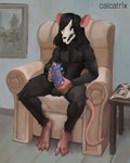 animal_genitalia anthro armchair balls big_penis biped black_body black_eyes black_fur black_hair bodily_fluids bone chair claws detailed_background erection feet fingers fur furniture genital_fluids genitals hair inside long_hair male masturbation nude on_chair open_mouth painting penetrable_sex_toy penile penile_masturbation penis pink_penis pornography sex_toy sitting skull skull_head solo tail teeth toes calcatrix mammal murid murine rat rodent digital_media_(artwork) hi_res