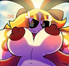 antennae_(anatomy) anthro anthrofied big_breasts black_sclera blonde_hair breasts brown_nipples eyelashes eyeshadow female hair hands_behind_head insect_wings makeup navel nipples nude nude_anthro nude_female pokemorph smile solo white_body white_eyes wings yellow_eyeshadow filthycottonart unfortu-nate nintendo pokemon beatrice_(unfortu-nate) arthropod generation_7_pokemon insect pokemon_(species) ribombee 2024 digital_media_(artwork) hi_res