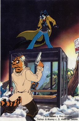 action_pose action_scene angry anthro black_body black_claws black_fur black_tail bottomwear bus_stop cheek_tuft claws clothing coat countershade_neck countershading denim denim_bottomwear denim_clothing detailed_background duo_focus eye_contact eyewear facial_tuft fangs fight fighting_pose fur glasses green_sclera group gun holding_gun holding_object holding_ranged_weapon holding_weapon holster jeans long_tail looking_at_another looking_down looking_up male open_mouth orange_body orange_fur outside pants pince-nez plant pointing_gun pointing_gun_at_another pose ranged_weapon snarling snow standoff striped_body striped_fur stripes tail teeth text topwear tree trenchcoat trio tuft weapon whiskers winter roz_gibson jack_salem nohar_rajasthan felid gulonine herpestid mammal marten mongoose mustelid musteline pantherine sable_(marten) tiger 1995 english_text hi_res signature traditional_media_(artwork)