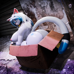 anthro big_breasts big_butt blue_eyes box breasts butt cardboard cardboard_box container female fur hair heart_symbol solo street white_body white_fur white_hair wonderfox712 fluffy_(fluffyglitch) domestic_cat felid feline felis mammal 1:1 absurd_res blender_(artwork) digital_media_(artwork) hi_res