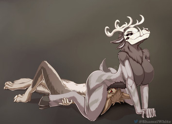 anthro antlers big_breasts breasts dominant dominant_female duo facesitting female genitals horn male male/female muscular muscular_thighs nude penis sitting sitting_on_another smile shamziwhite