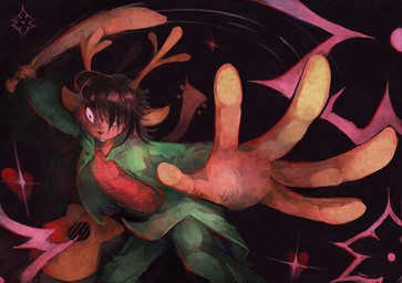 acoustic_guitar anthro baseball_bat bat_(object) black_background black_hair brown_body brown_fur clothing female fur green_clothing guitar hair horn musical_instrument plucked_string_instrument simple_background solo string_instrument darthzz deltarune undertale_(series) dess_holiday deer mammal new_world_deer reindeer 2025 hi_res