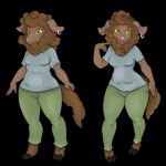 anthro bottomwear brown_body brown_fur clothing ear_piercing ear_ring female fur hooves pants piercing ring_piercing shirt simple_background solo topwear transparent_background yellow_eyes foxxxiny90 lilmousybianca vera_ardyn_(lilmousybianca) bovid caprine mammal sheep 1:1 absurd_res alpha_channel hi_res